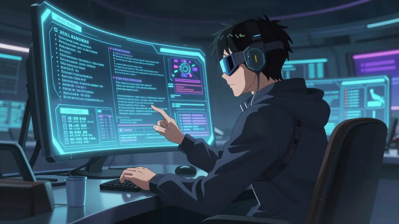 Utilisateur vigilant analysant des contrats crypto avec un équipement futuriste.