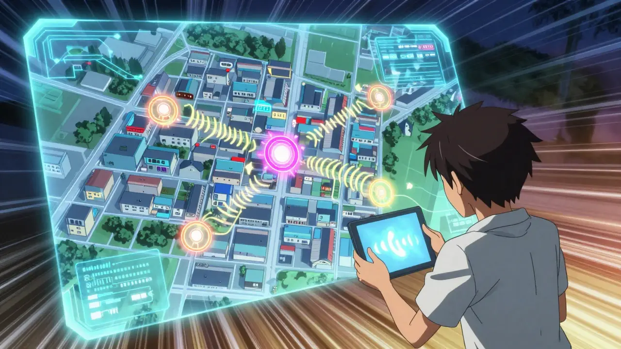 Visualisation holographique de la vérification Proof-of-Coverage du réseau Helium.