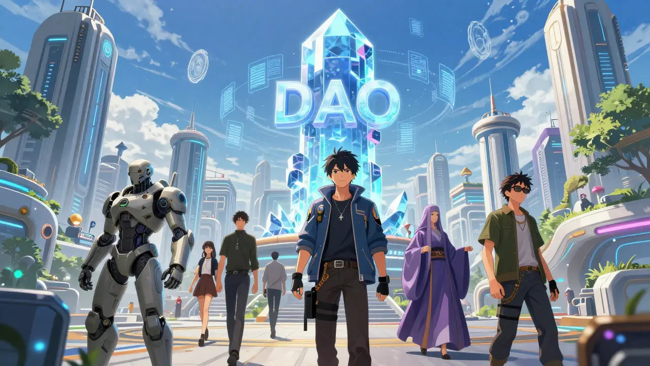 Vues d'un métavers anime avec des avatars variés et un pilier holographique de gouvernance DAO.