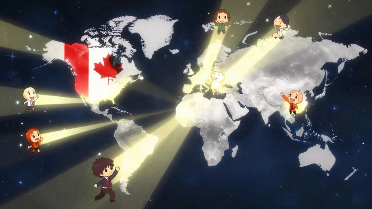 Carte mondiale montrant le Canada influençant l'adoption globale du Bitcoin