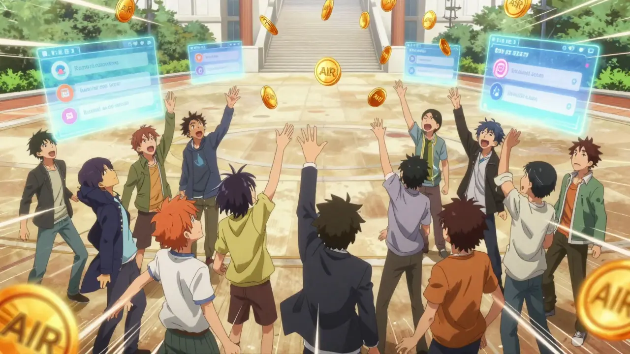 Des personnages anime célèbrent en attrapant des tokens AIR qui tombent du ciel.