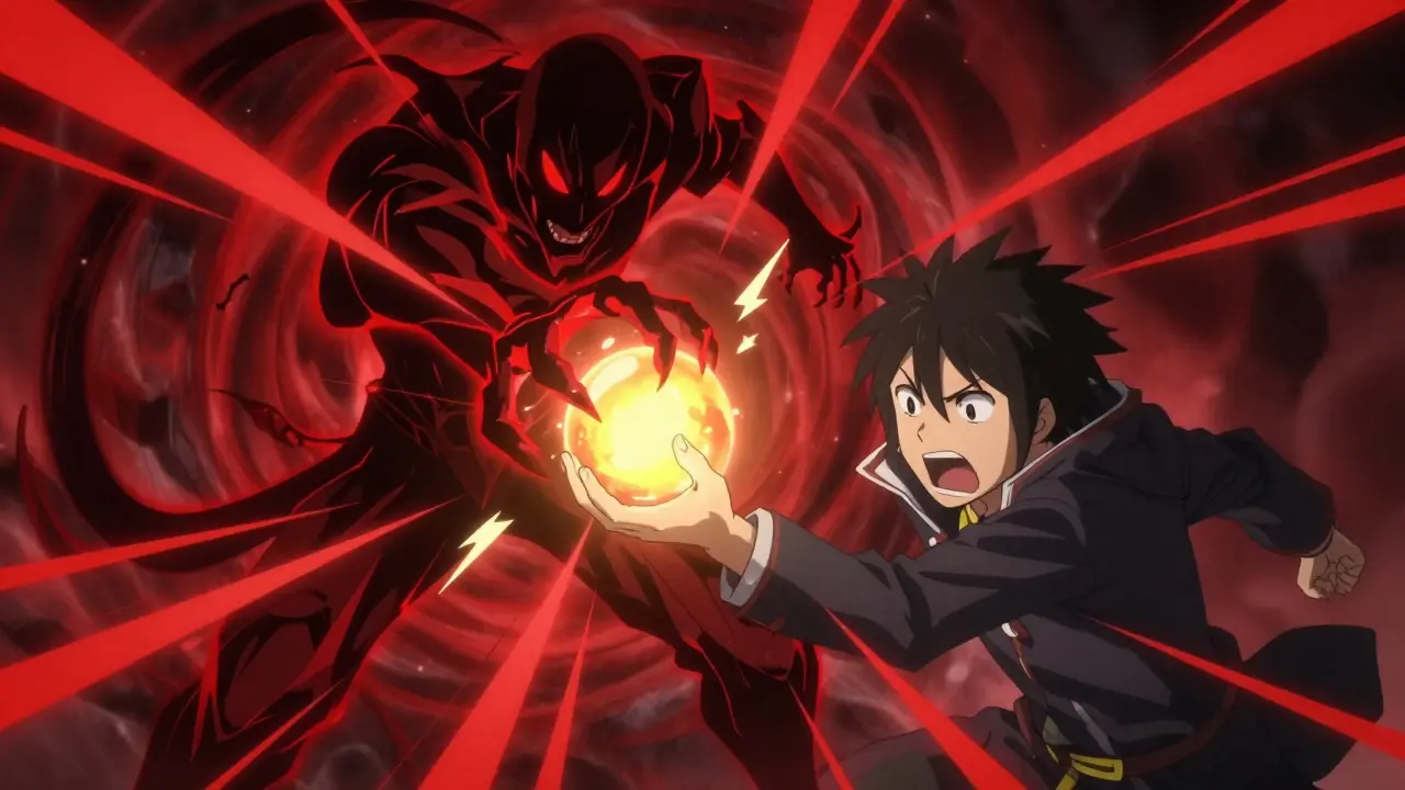 Entité sombre rouge tentant de voler les actifs du protagoniste dans un style shounen