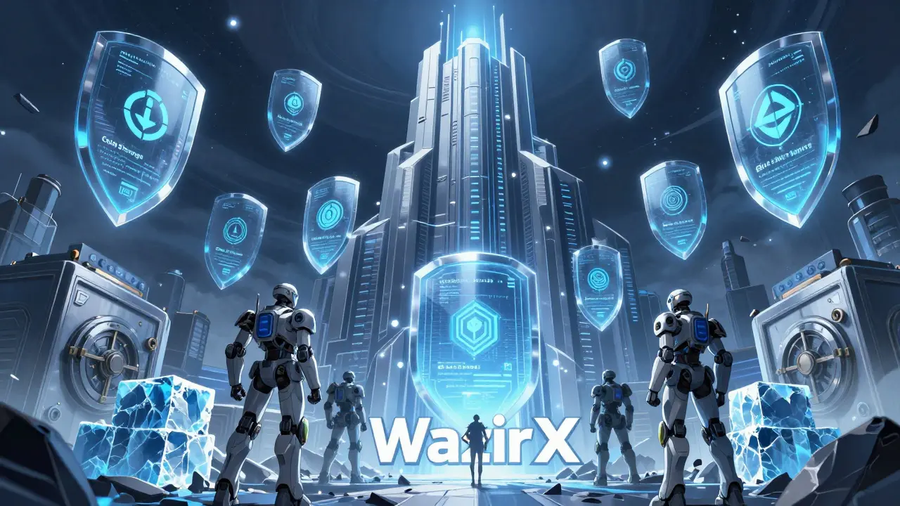 Forteresse numérique futuriste protégée par des boucliers bleus et une surveillance IA