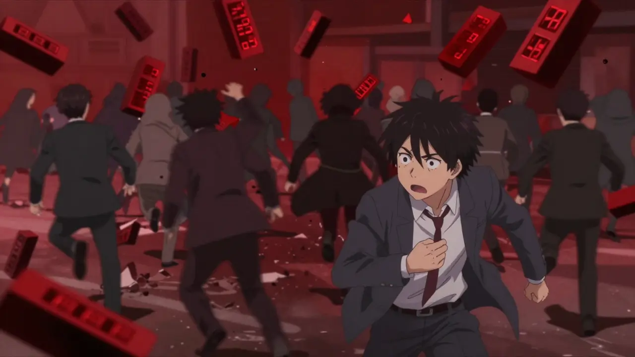 Foule paniquée fuyant la chute des prix dans un style manga dramatique