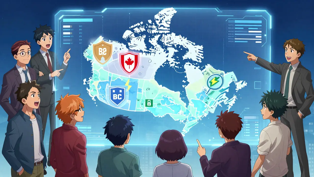 Groupe d'investisseurs anime étudiant une carte holographique des règles provinciales canadiennes