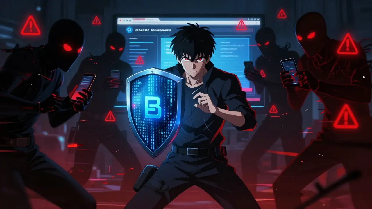 Héros anime protégeant les utilisateurs des arnaques et liens de phishing malveillants