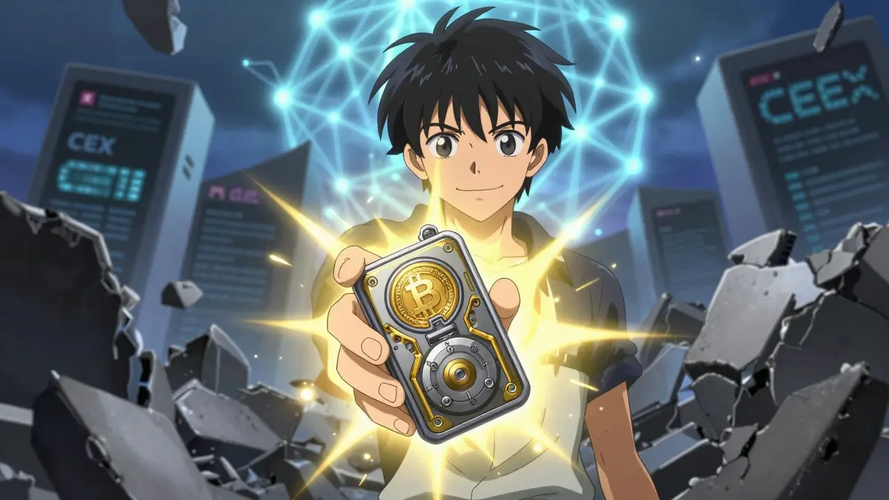 Héros anime tenant fièrement un portefeuille matériel brillant pour sécuriser ses actifs.