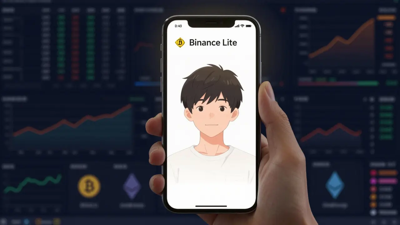 Interface simplifiée Binance Lite sur un smartphone pour les débutants dans un style manga