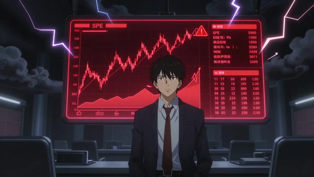 Investisseur sceptique devant des graphiques boursiers rouges et volatils dans un style anime sombre.