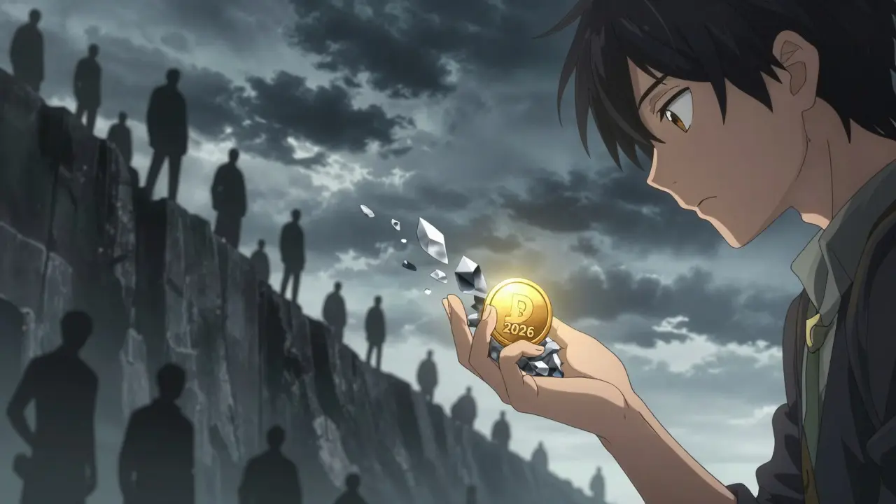 Jeton gris fragmenté dans la main d'un personnage anime sous un ciel sombre