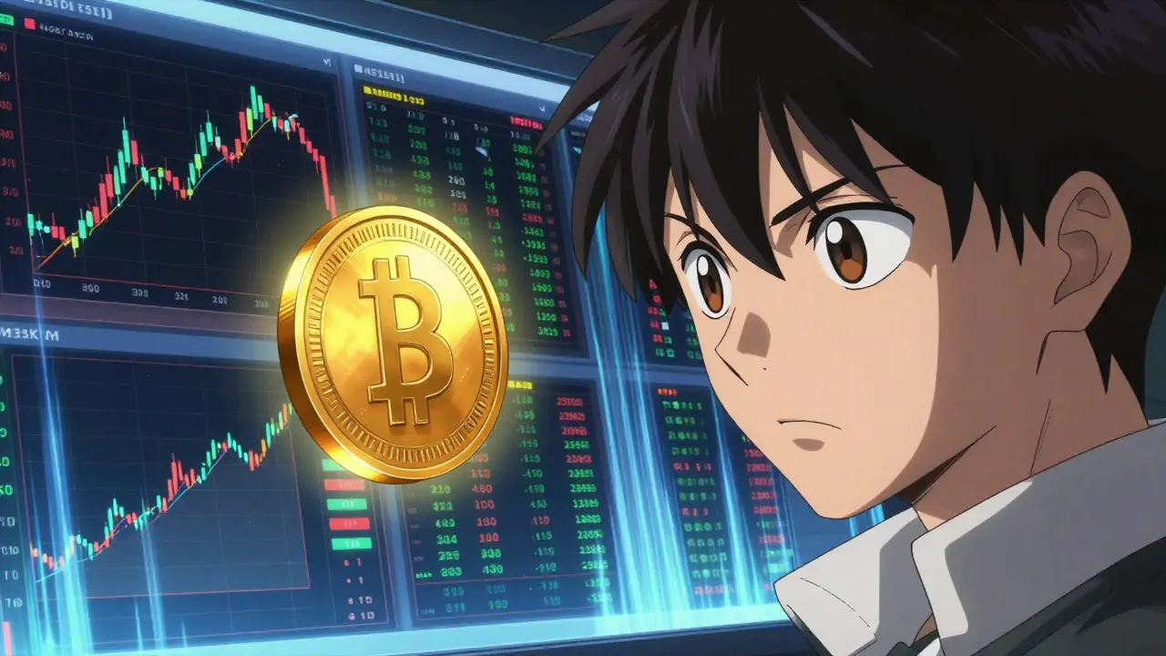 Jeune trader concentré sur son écran avec un jeton BANK lumineux flottant
