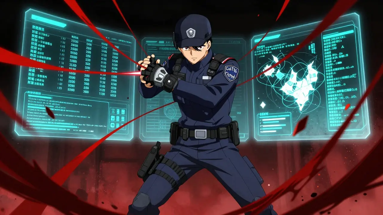 Officier de conformité anime coupant les fils du blanchiment d'argent avec un gadget futuriste