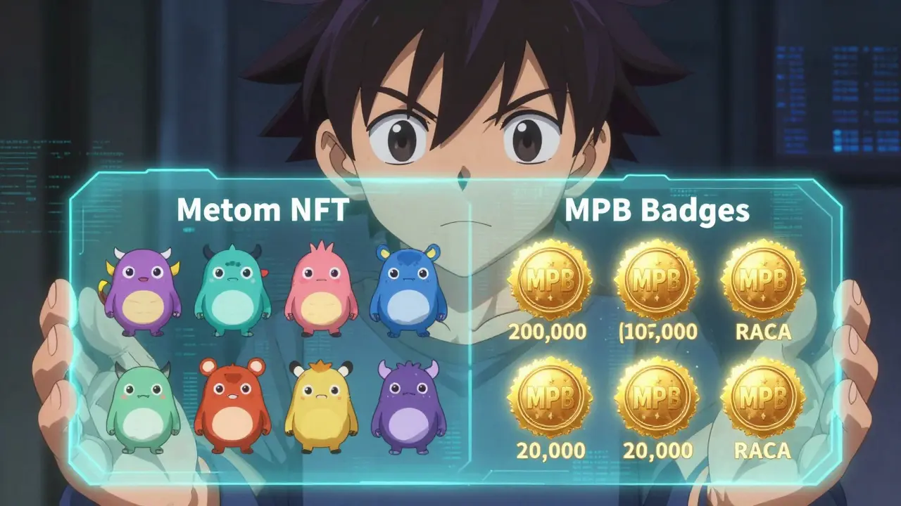 Personnage anime tenant des NFT Metamon et des badges MPB sur un écran holographique