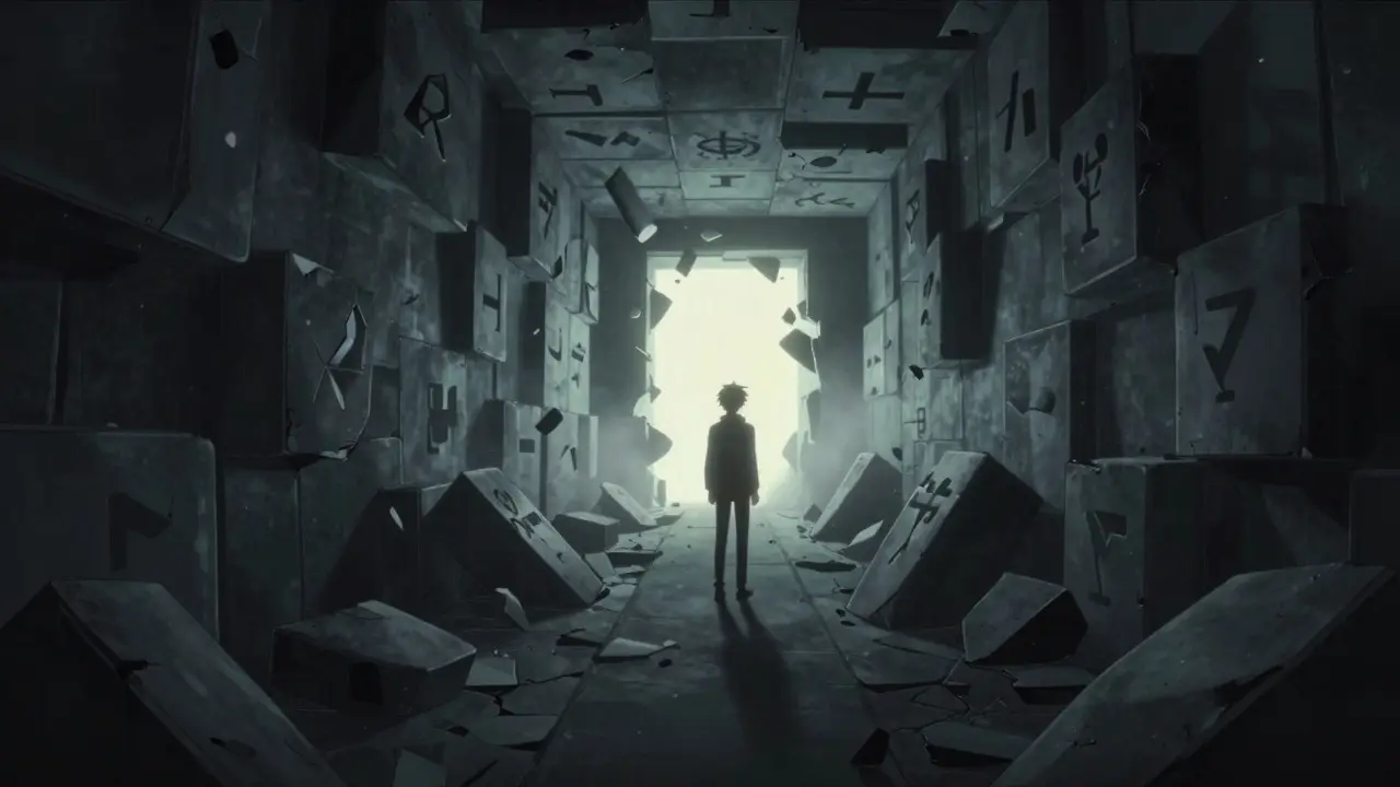 Personnage piégé dans un couloir sombre et fragmenté symbolisant le manque de liquidité et les risques.