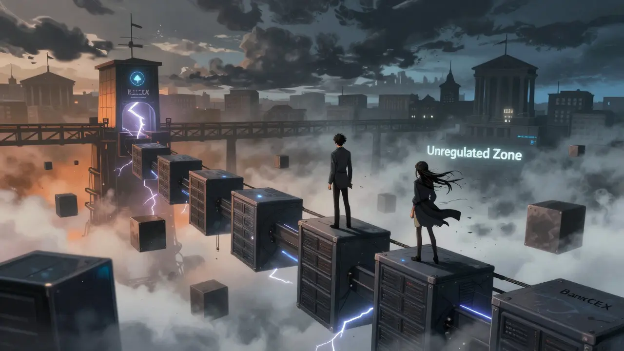 Personnage sur un pont numérique fragile vers une zone non régulée sombre