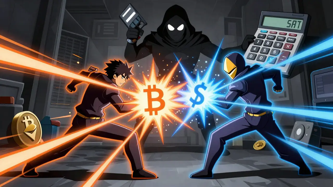 Scène d'action anime montrant l'échange de cryptomonnaies et les impôts