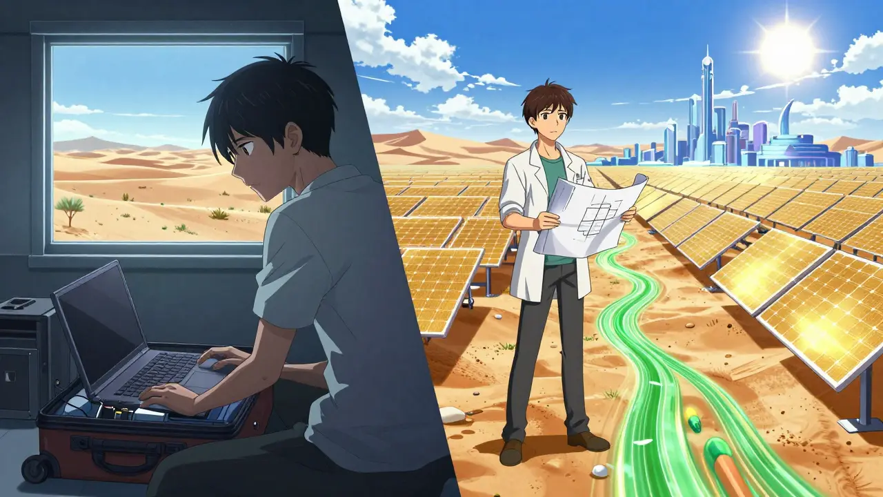 Style shōnen : contraste entre l'exil des développeurs et le potentiel solaire non exploité.