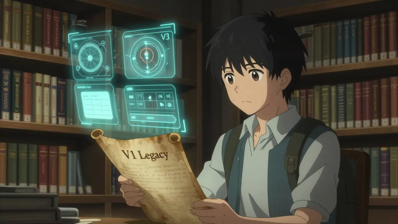 Un étudiant anime étudie l'héritage d'Uniswap V1 dans une bibliothèque futuriste