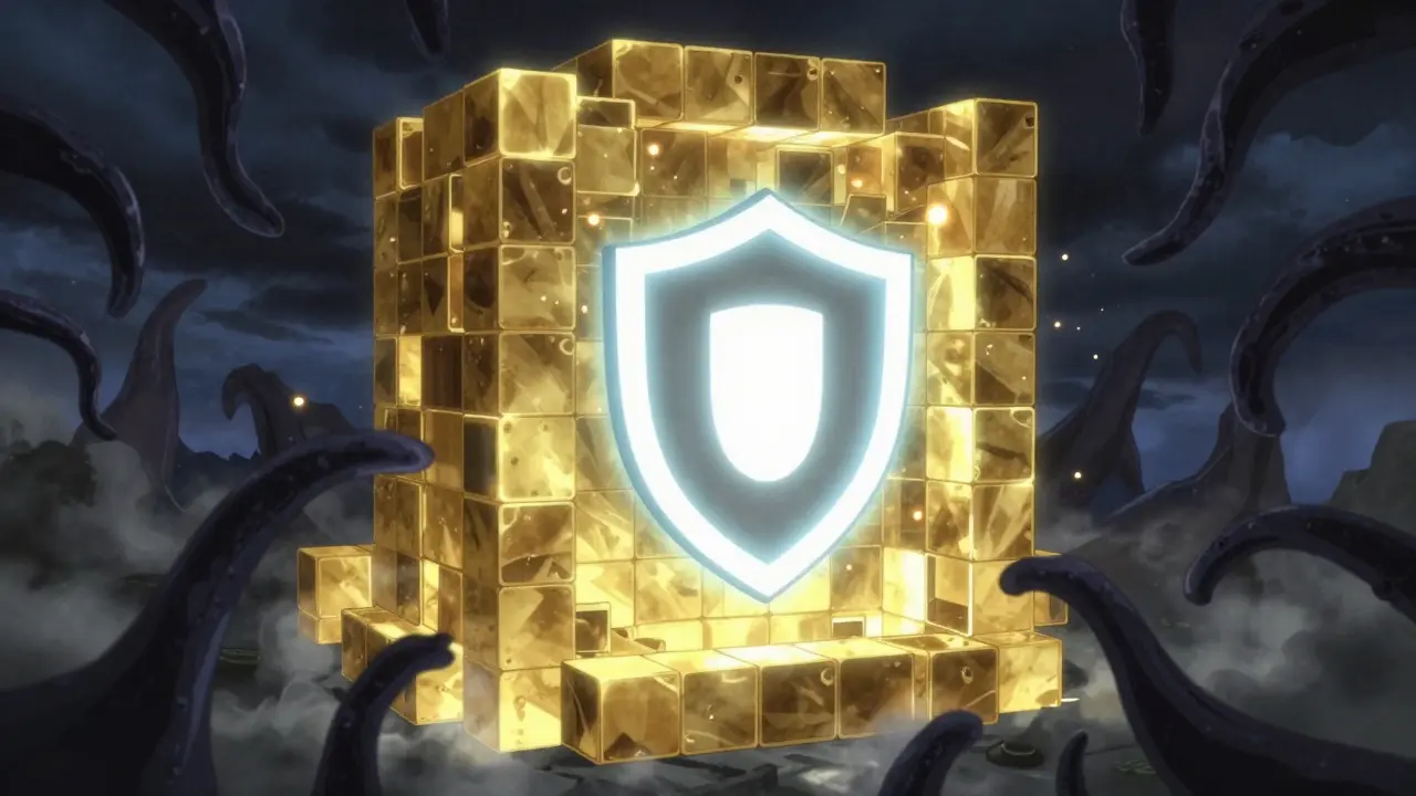 Une forteresse numérique dorée bloque des attaques sombres, symbolisant la sécurité crypto.