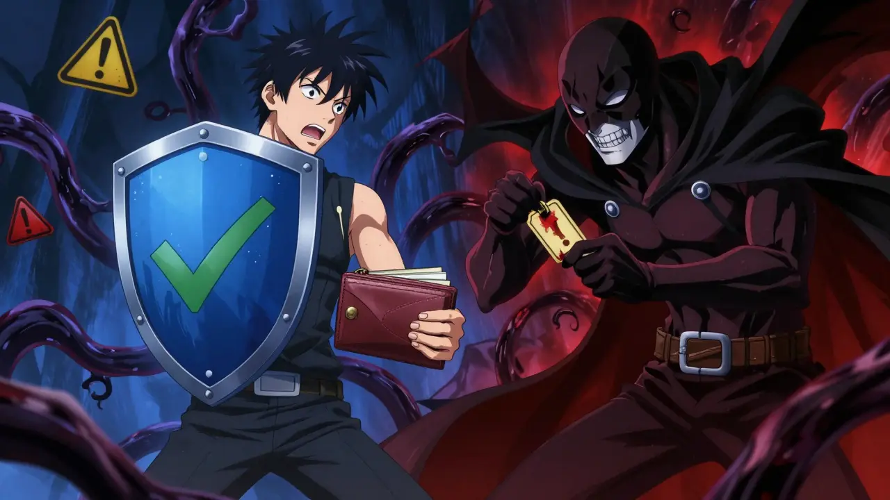 Une scène d'action anime montrant la protection contre les arnaques crypto sombres.