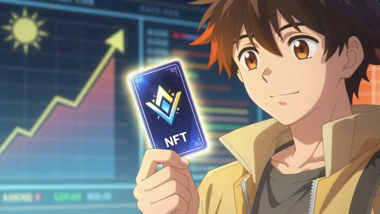 Utilisateur tenant une carte NFT lumineuse symbolisant la liquidité concentrée