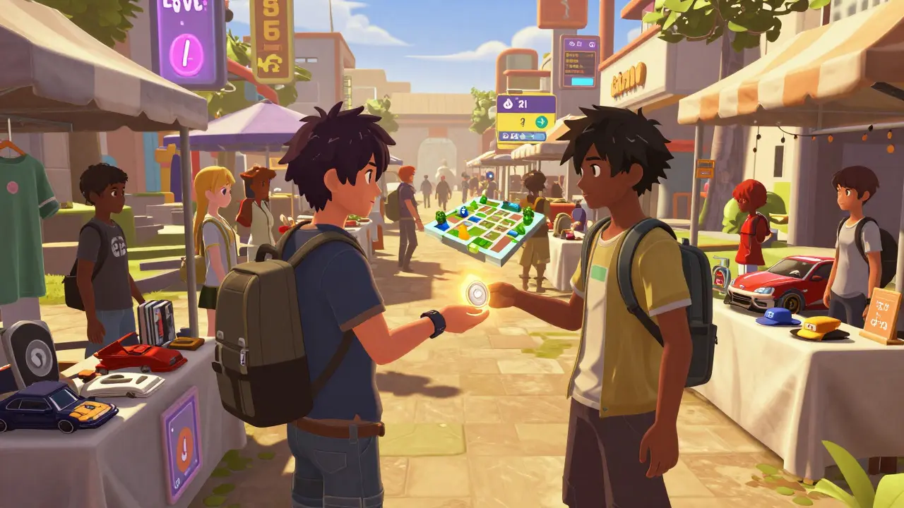 Avatars échangant des tokens pour des terrains virtuels dans un marché
