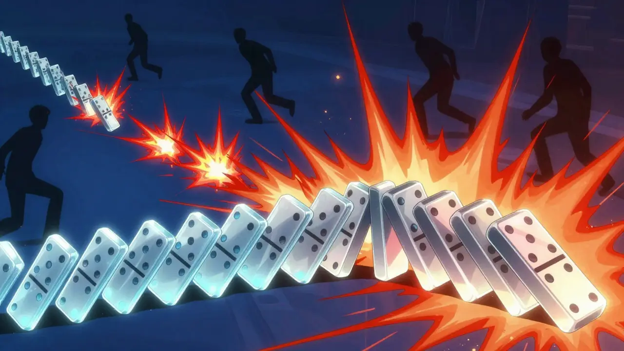 Des blocs Bitcoin tombant comme des dominos dans un effet d'avalanche rouge