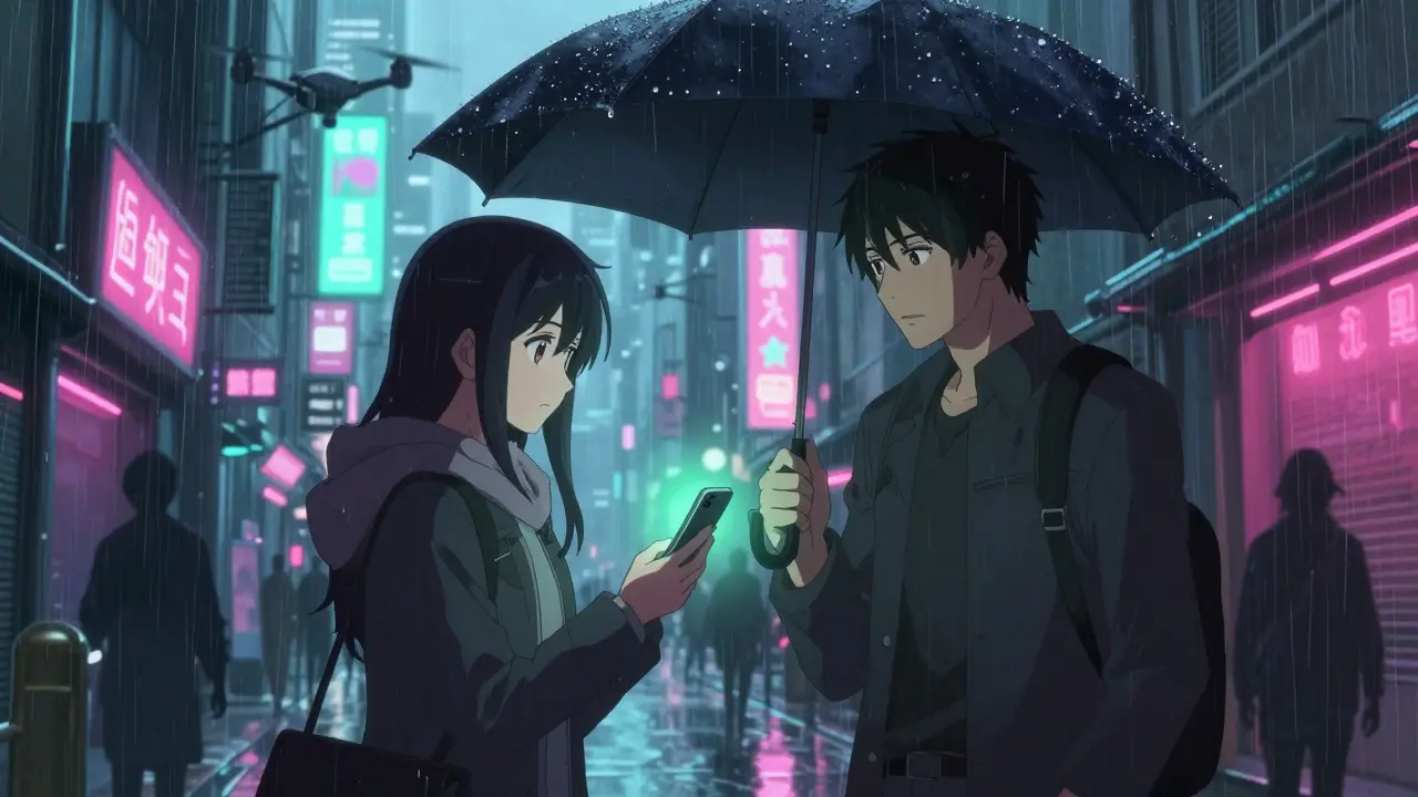 Échange secret de smartphones dans une ruelle néon sous la pluie
