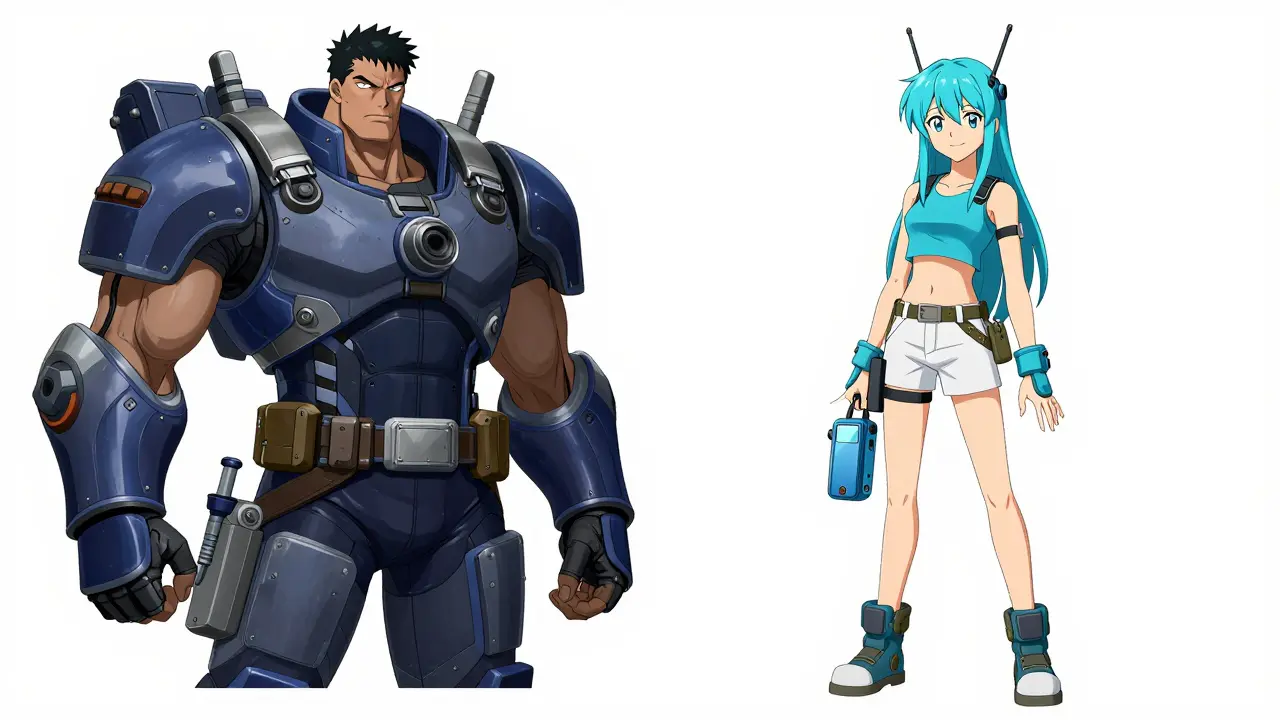 Feuille de conception de personnages d'anime, style Shounen. Deux personnages distincts. Personnage A (Nœud Complet) : Physique musclé, expression sérieuse, l'équipement comprend de grandes unités de stockage et des outils de vérification. Schéma de couleur : Bleus profonds et gris métalliques. Personnage B (Nœud Léger) : Physique mince, sourire amical, l'équipement comprend des antennes sans fil et des appareils mobiles. Schéma de couleur : Cyans brillants et blancs. Présentation côte à côte, arrière-plan blanc propre, style artistique professionnel d'anime.