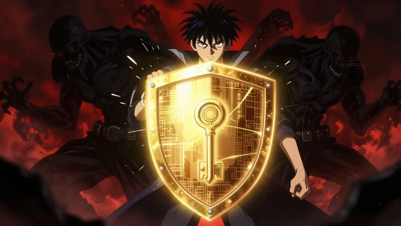 Héros anime protégeant un portefeuille numérique contre des menaces