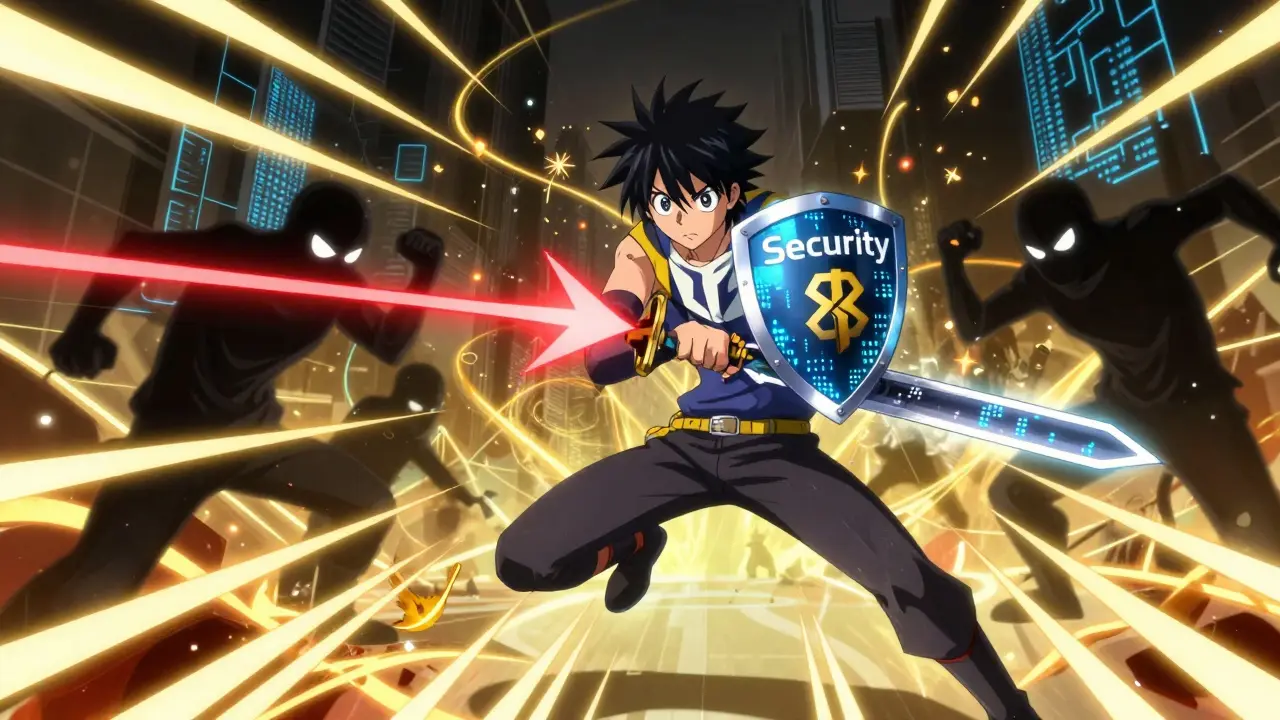 Héros de manga se battant contre des arnaques numériques dans un monde cybernétique