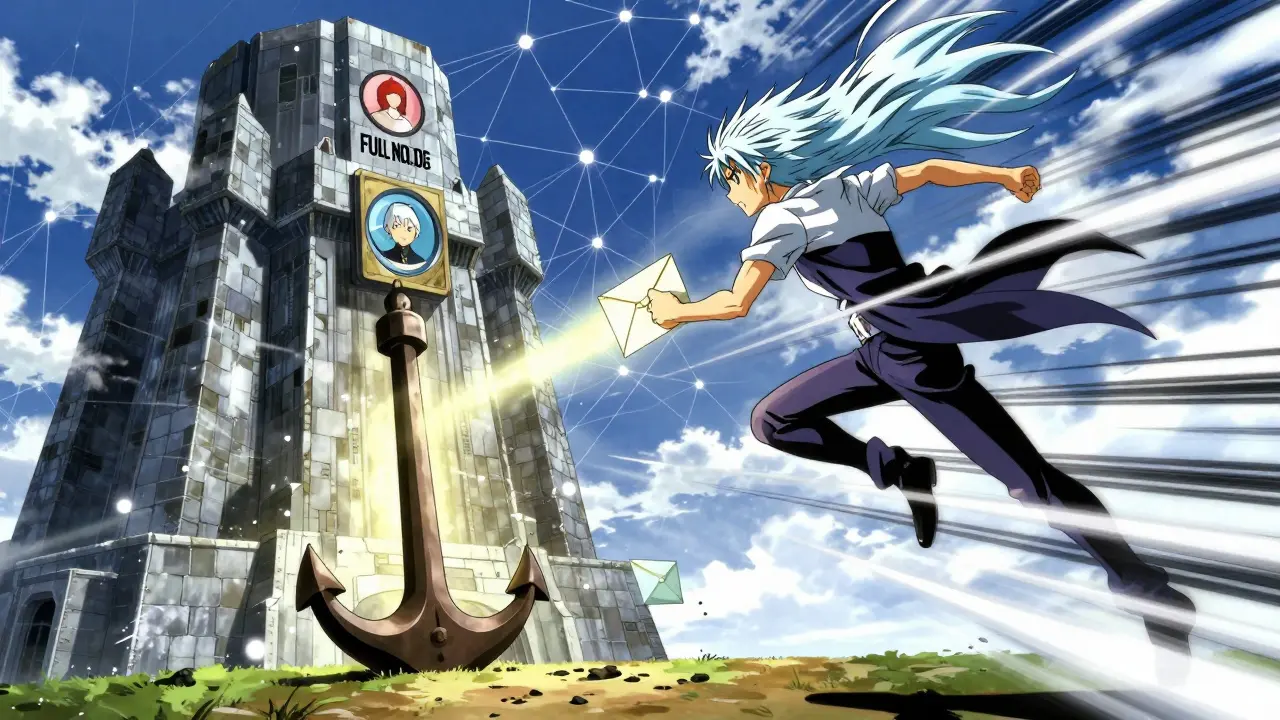 Illustration d'anime, genre Shounen. Une confrontation ou un partenariat dramatique entre deux entités. Une entité est une structure colossale semblable à une forteresse (Nœud Complet) ancrant le sol, rayonnant stabilité et sécurité. L'autre est une figure rapide comme le vent (Nœud Léger) qui traverse les airs, portant des messages aux utilisateurs. L'arrière-plan montre un réseau web les reliant. Composition orientée action, lignes de vitesse, palette de couleurs énergique, haute résolution.