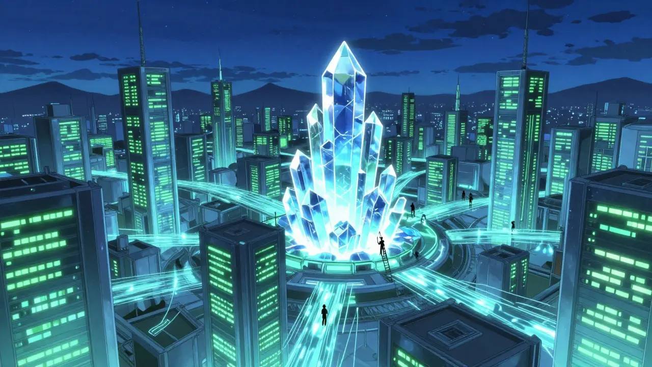 Paysage futuriste de l'infrastructure blockchain The Graph en style anime