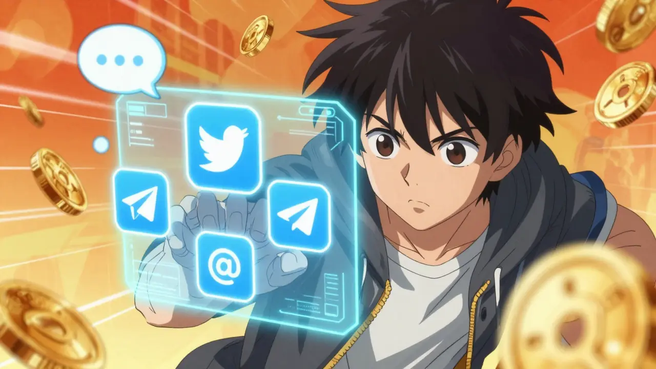 Personnage anime collectant des badges sociaux holographiques