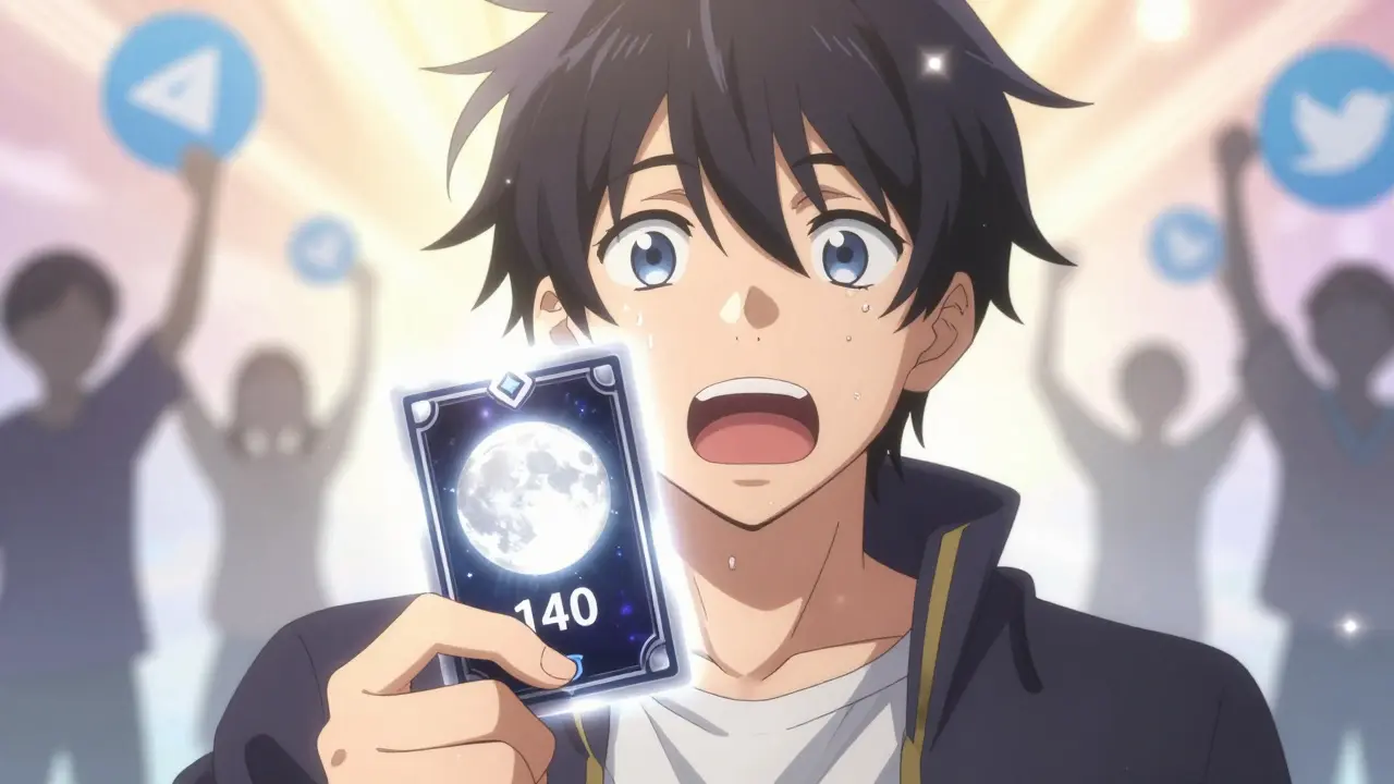Personnage anime tenant fièrement un NFT Lunar rare et lumineux
