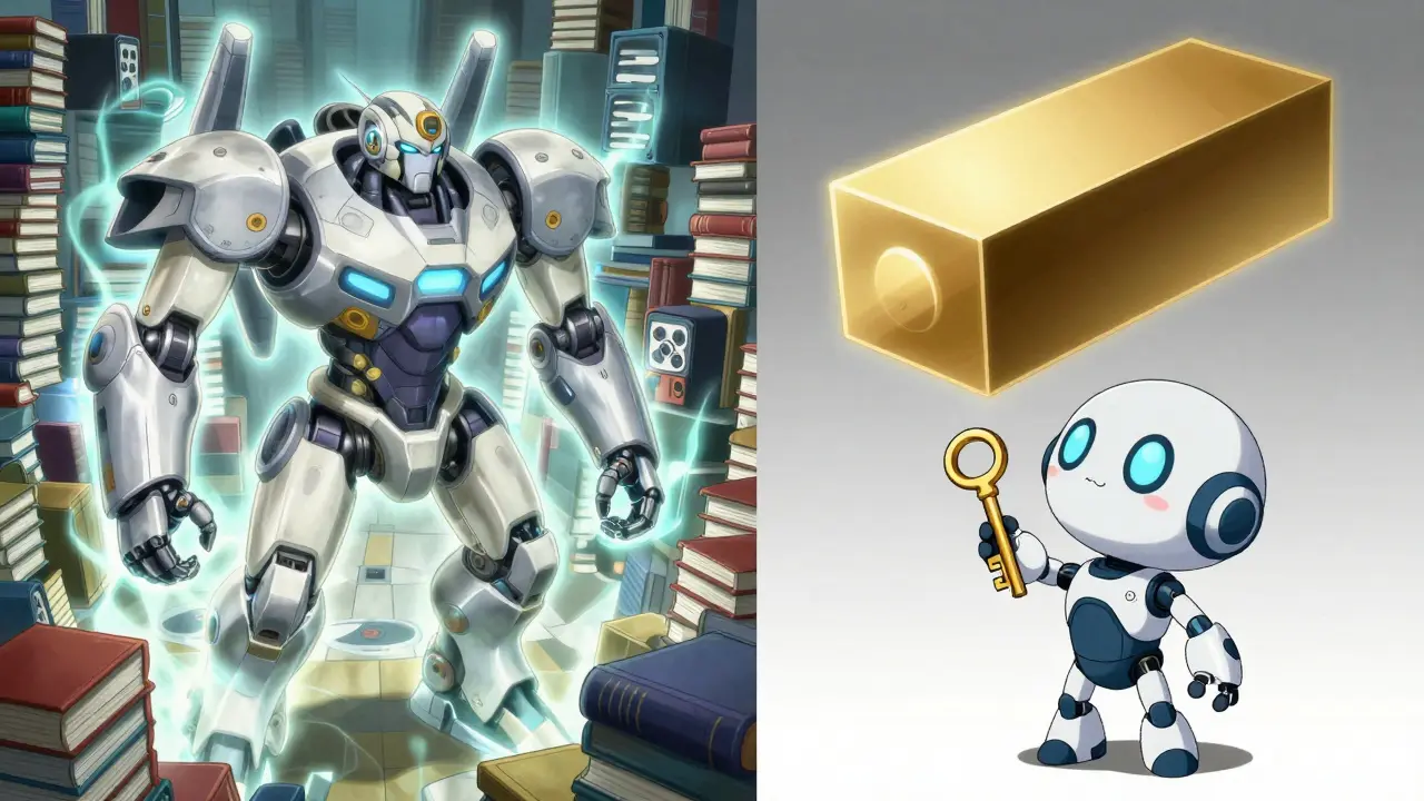 Scène d'anime, esthétique Shounen. Comparaison en gros plan. Côté gauche : Un esprit-machine puissant et imposant (Nœud Complet) entouré de milliers de livres physiques et de disques durs, émettant une énergie intense. Côté droit : Un petit robot mignon de style chibi (Nœud Léger/SPV) tenant une seule clé dorée (Preuve Merkle), regardant vers le haut un en-tête de bloc géant flottant. Lignes nettes, pièces mécaniques détaillées, éclairage vif, atmosphère éducative mais excitante.