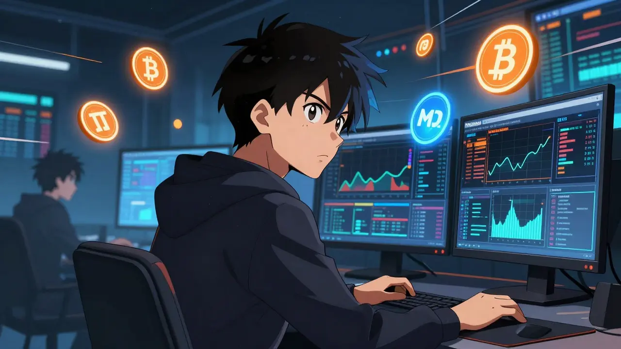 Trader déterminé devant des écrans de crypto avec des jetons flottants