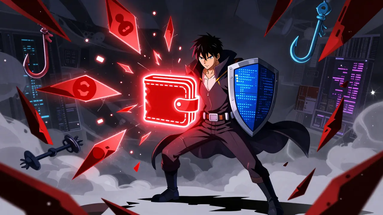 Un héros anime protégeant un portefeuille numérique contre les arnaques