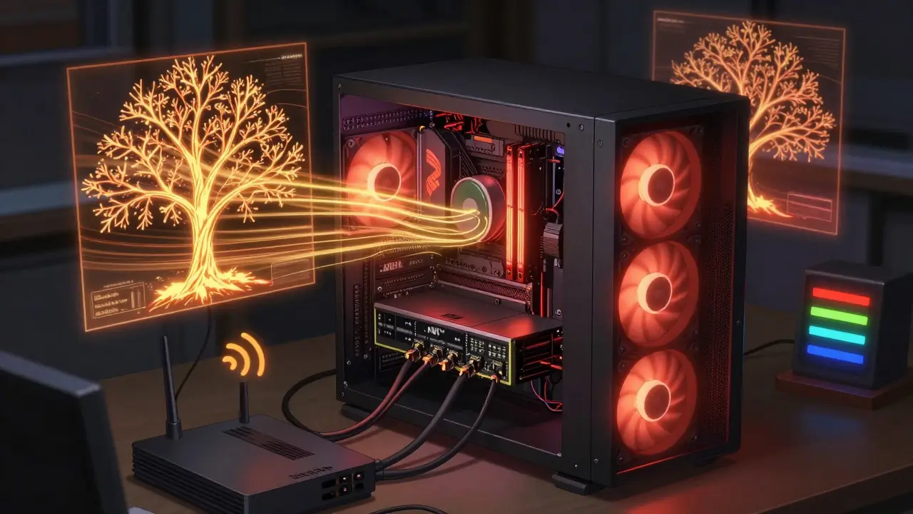 Un ordinateur puissant avec des composants lumineux et des visualisations de données
