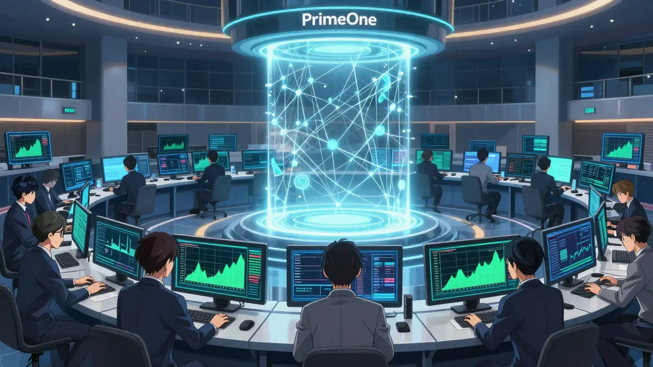 Une salle de trading institutionnelle sophistiquée avec des interfaces holographiques stables et sécurisées.