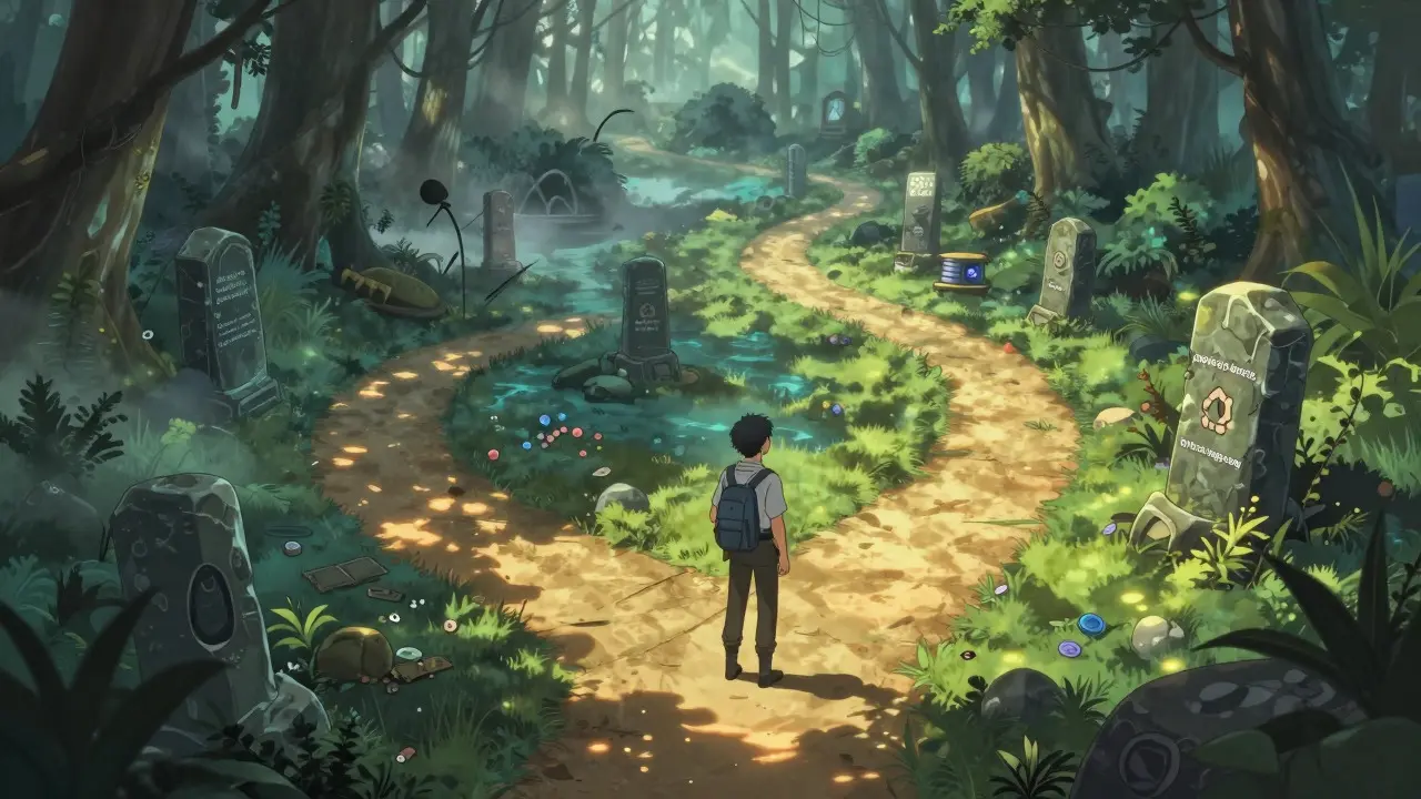 Aventurier anime face à un choix entre un chemin risqué et un chemin sûr sur Solana