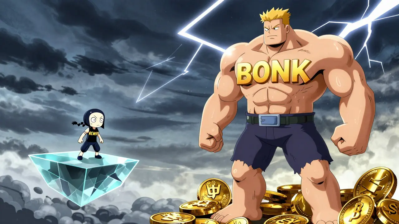 Comparaison anime entre un petit token risqué et un grand token stable sur des plateformes différentes.