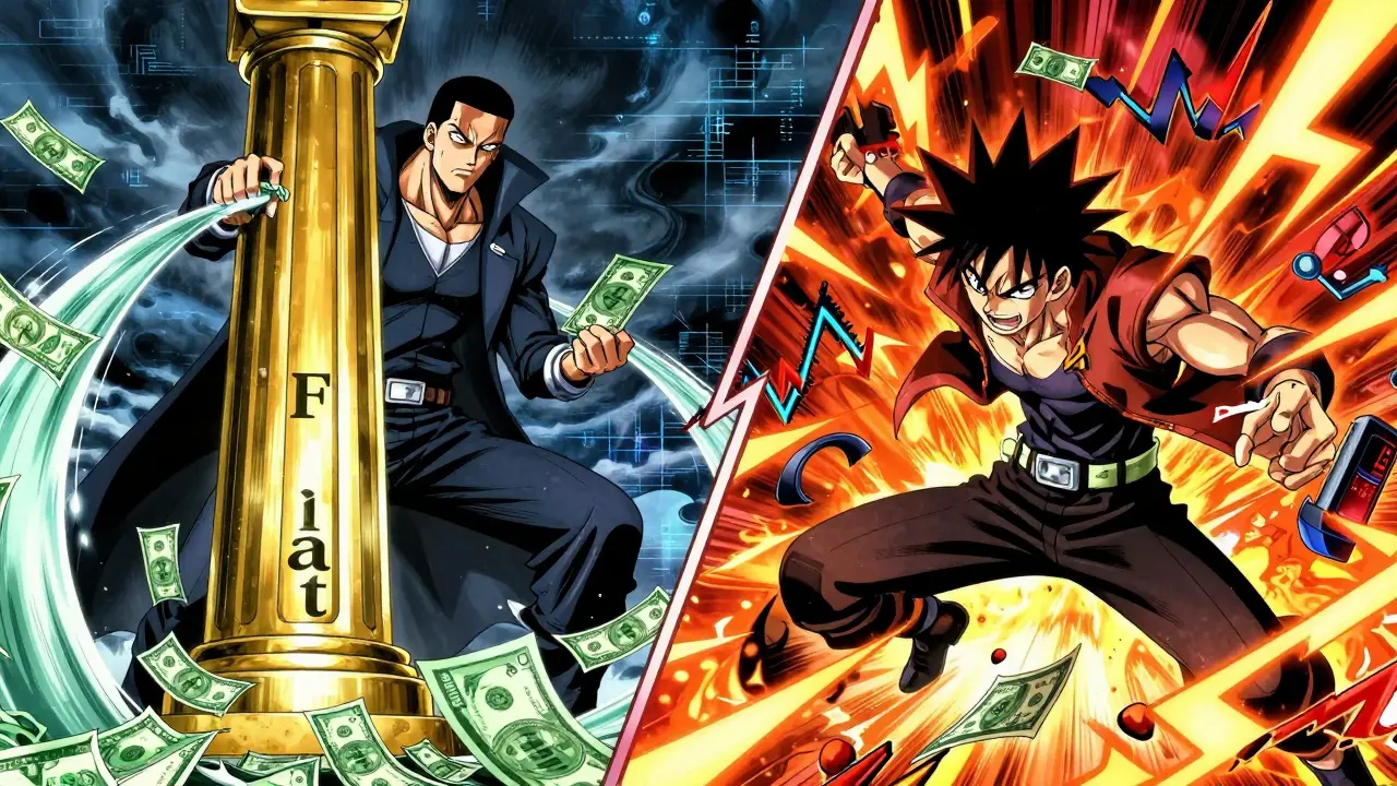 Confrontation visuelle entre la stabilité de la monnaie fiat et la volatilité des cryptos