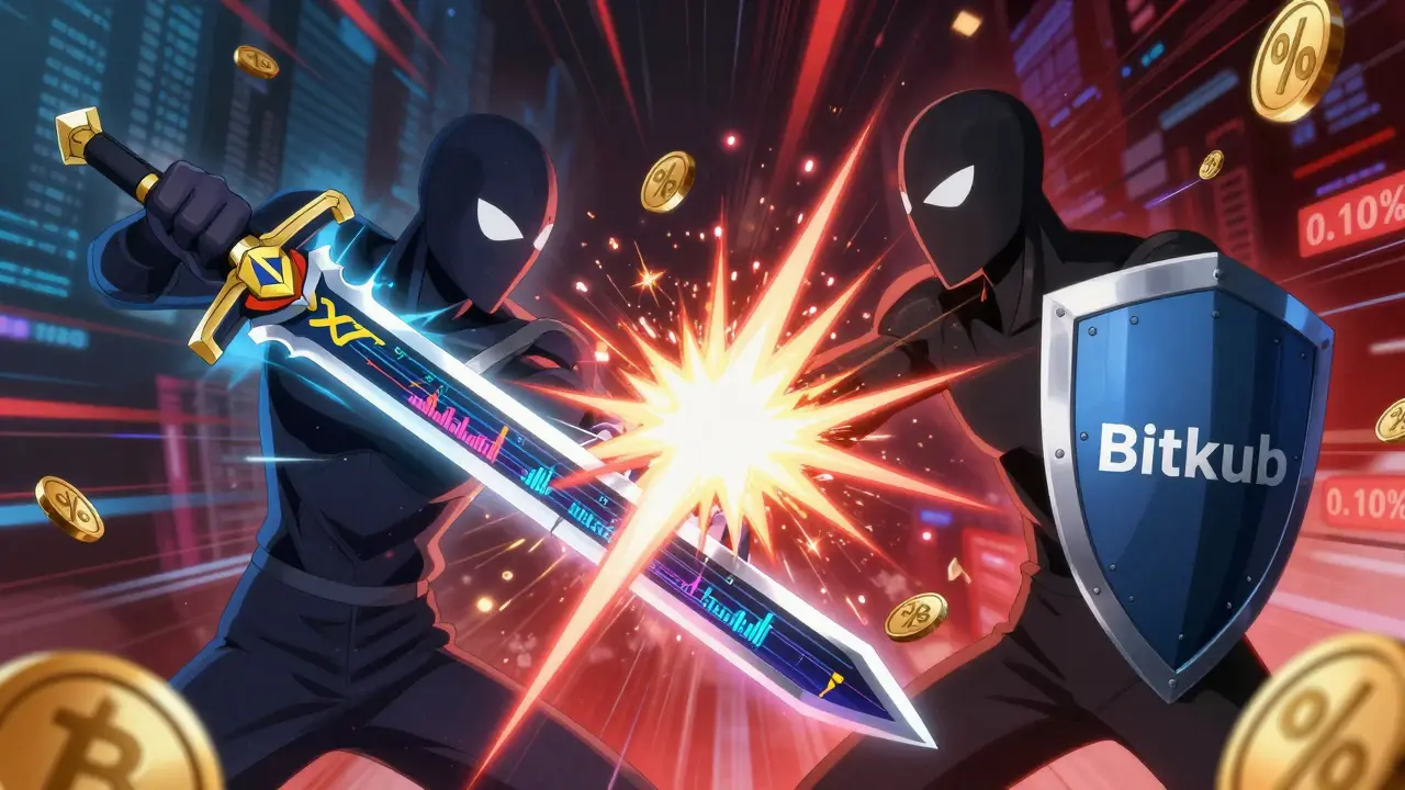Duel animé entre les avatars de Binance TH et Bitkub dans une arène numérique