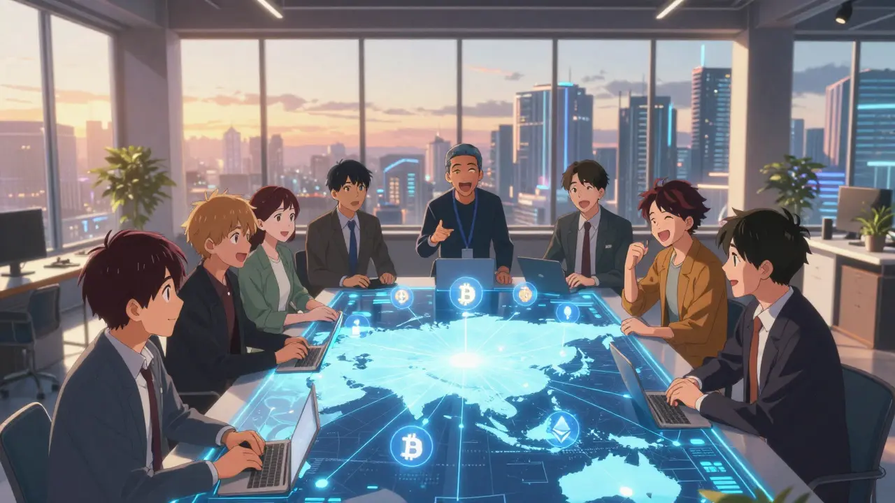 Groupe d'investisseurs anime discutant autour d'une carte numérique de l'Asie