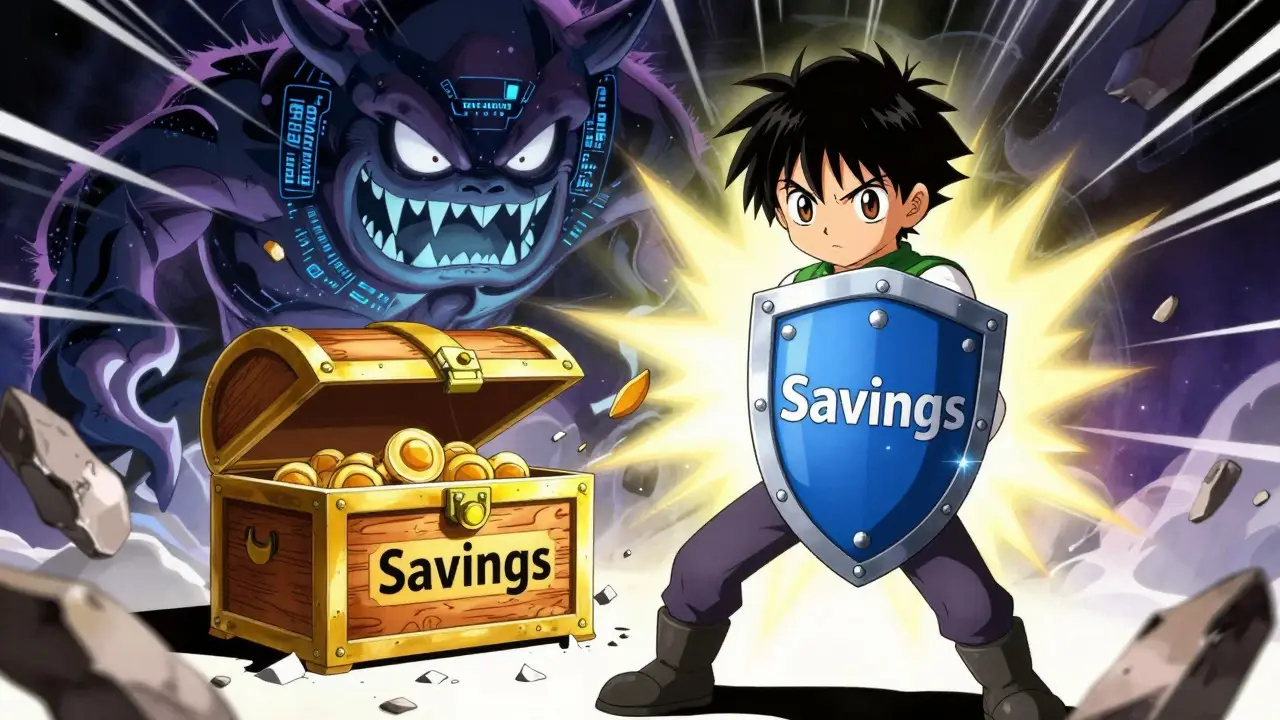 Héros protégeant ses économies d'une menace numérique abstraite, style manga dynamique
