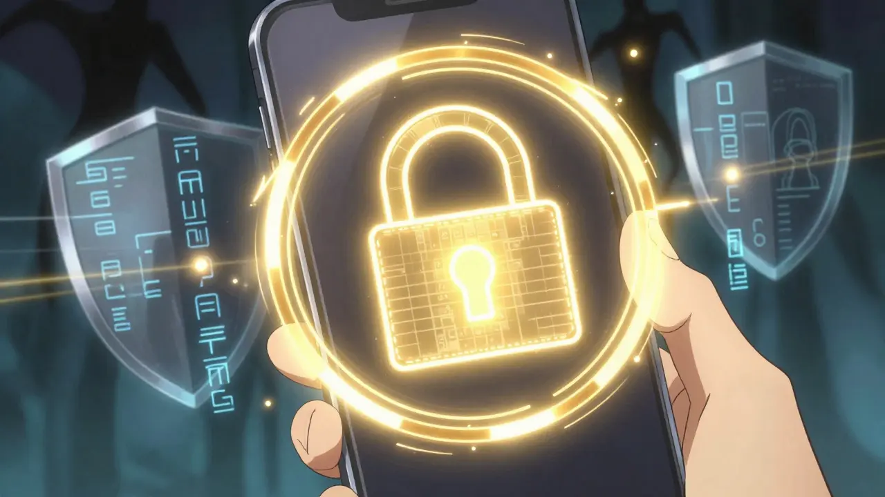 Illustration anime montrant un bouclier numérique doré protégeant des données sensibles