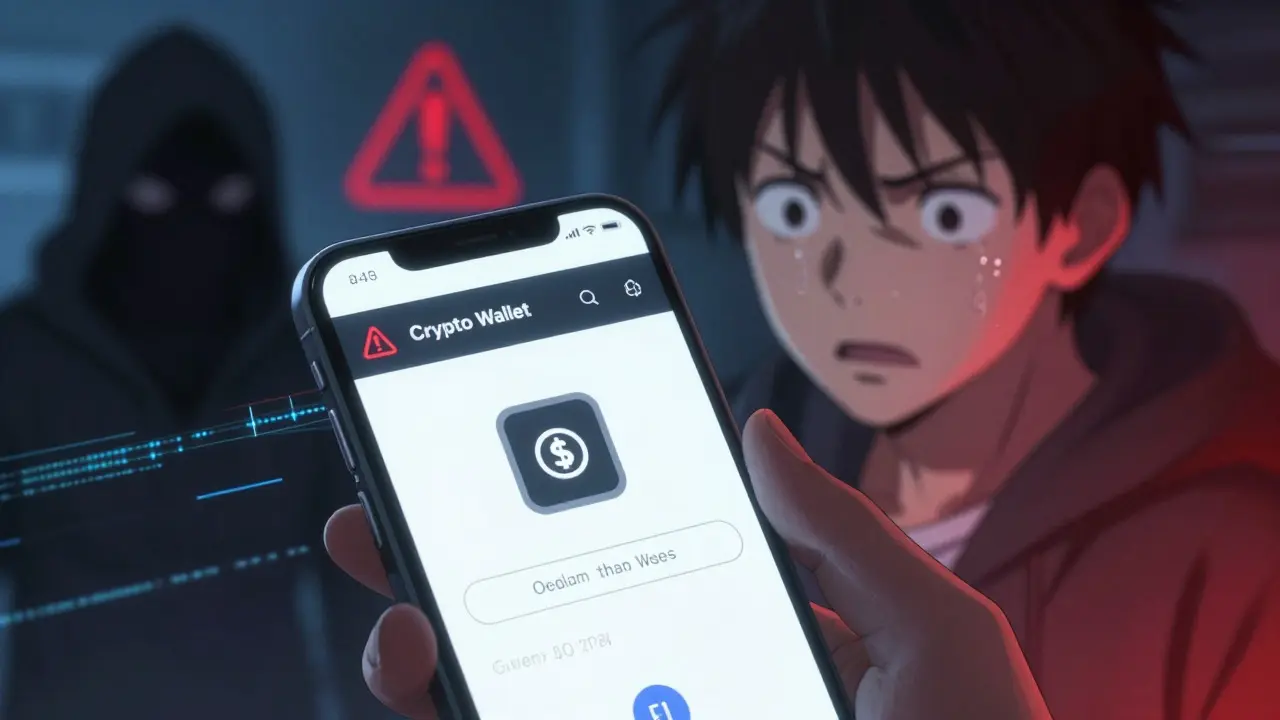 Personnage anxieux scannant un code QR suspect sur son téléphone, ambiance dangereuse