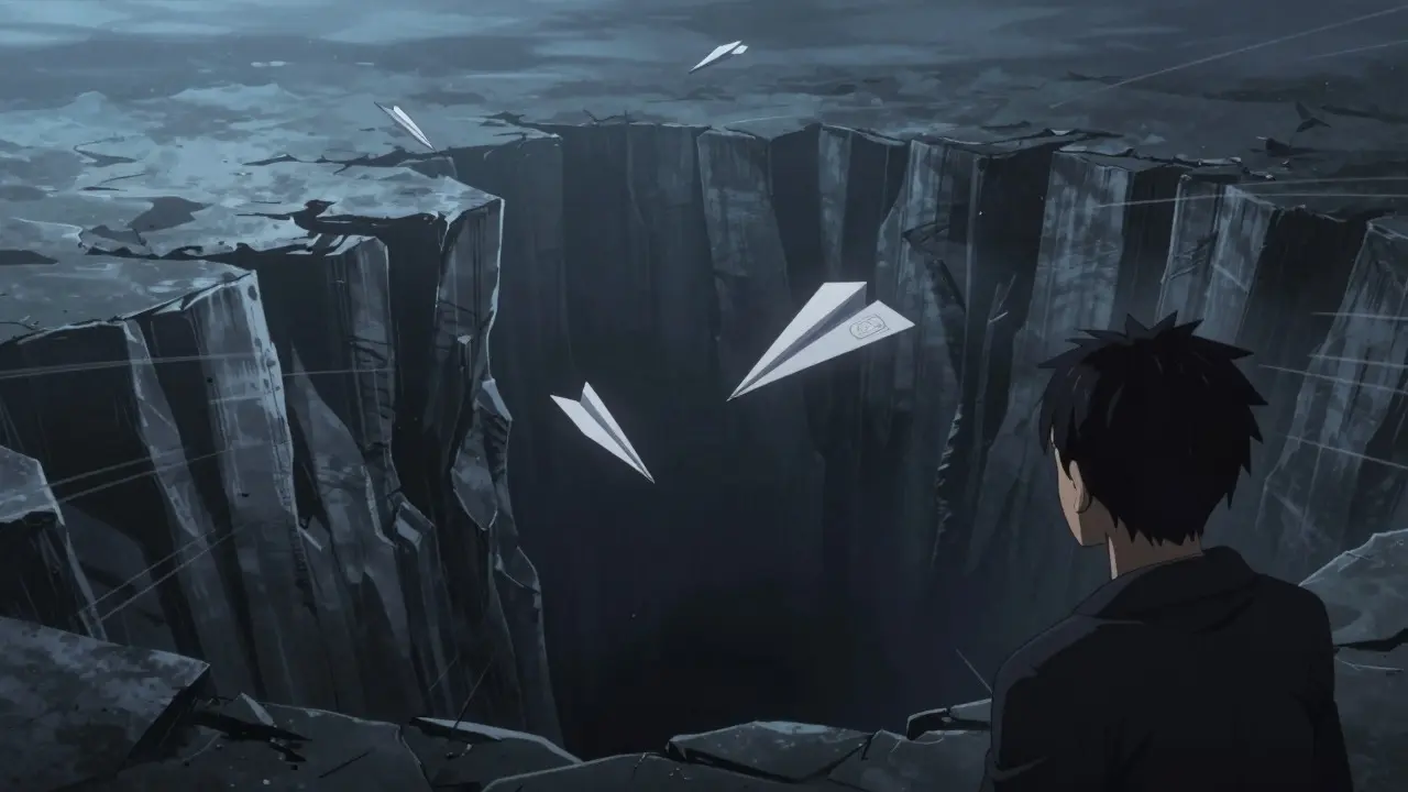 Scène dramatique anime montrant la chute libre d'un token vers un gouffre sombre
