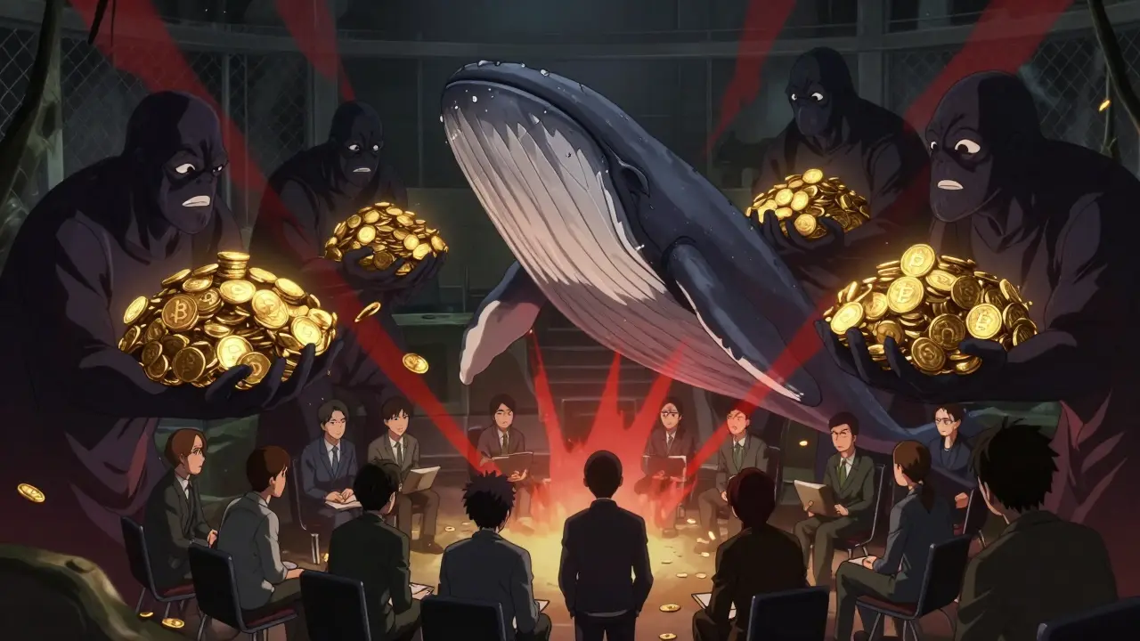 Scène dramatique illustrant les risques des baleines crypto, style anime